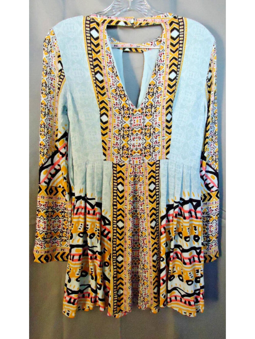 Free People Teagan Border Print Mini Boho Dress Sz 0 Open Front Back Coachella